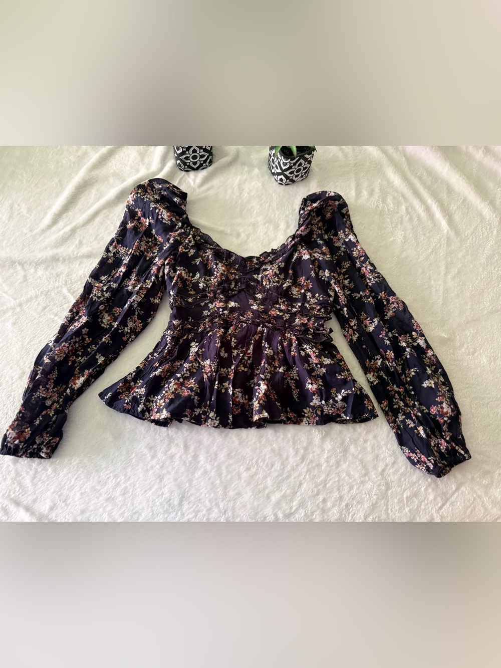 Altar’d State Phoebe Ruffle Babydoll Navy Blue Floral Top XS Cottagecore